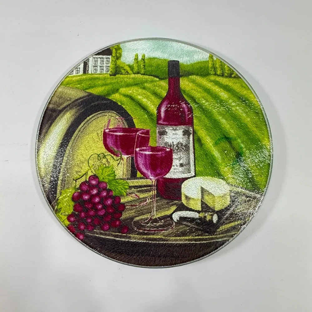VTG Greenbriar Glass Cutting Board Vineyard Wine Cheese Round Green Kitchen 8in